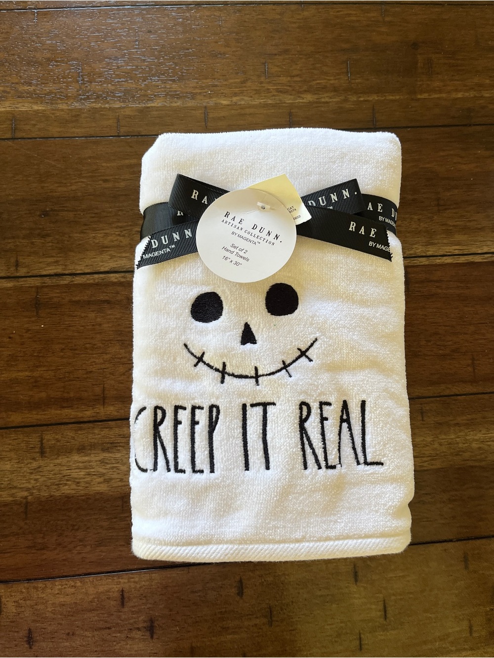 Rae Dunn White Halloween Towel with Skull 'Creep It Real'
